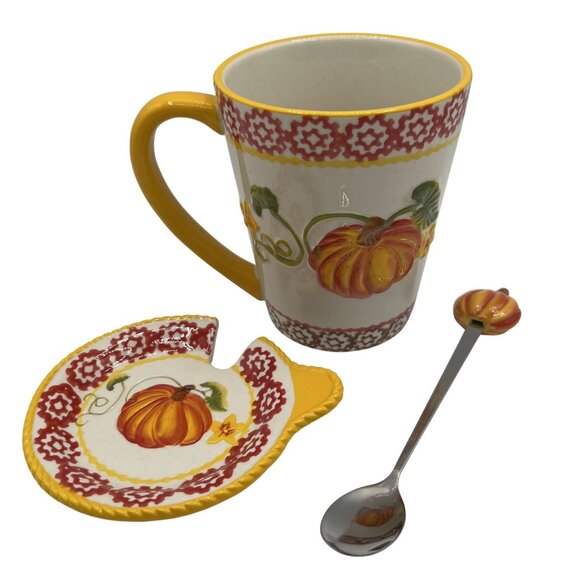 Temptations Hand Crafted & Painted 3D Pumpkin Harvest Mug Spoon & Lid 16 oz 3pcs - Picture 9 of 13